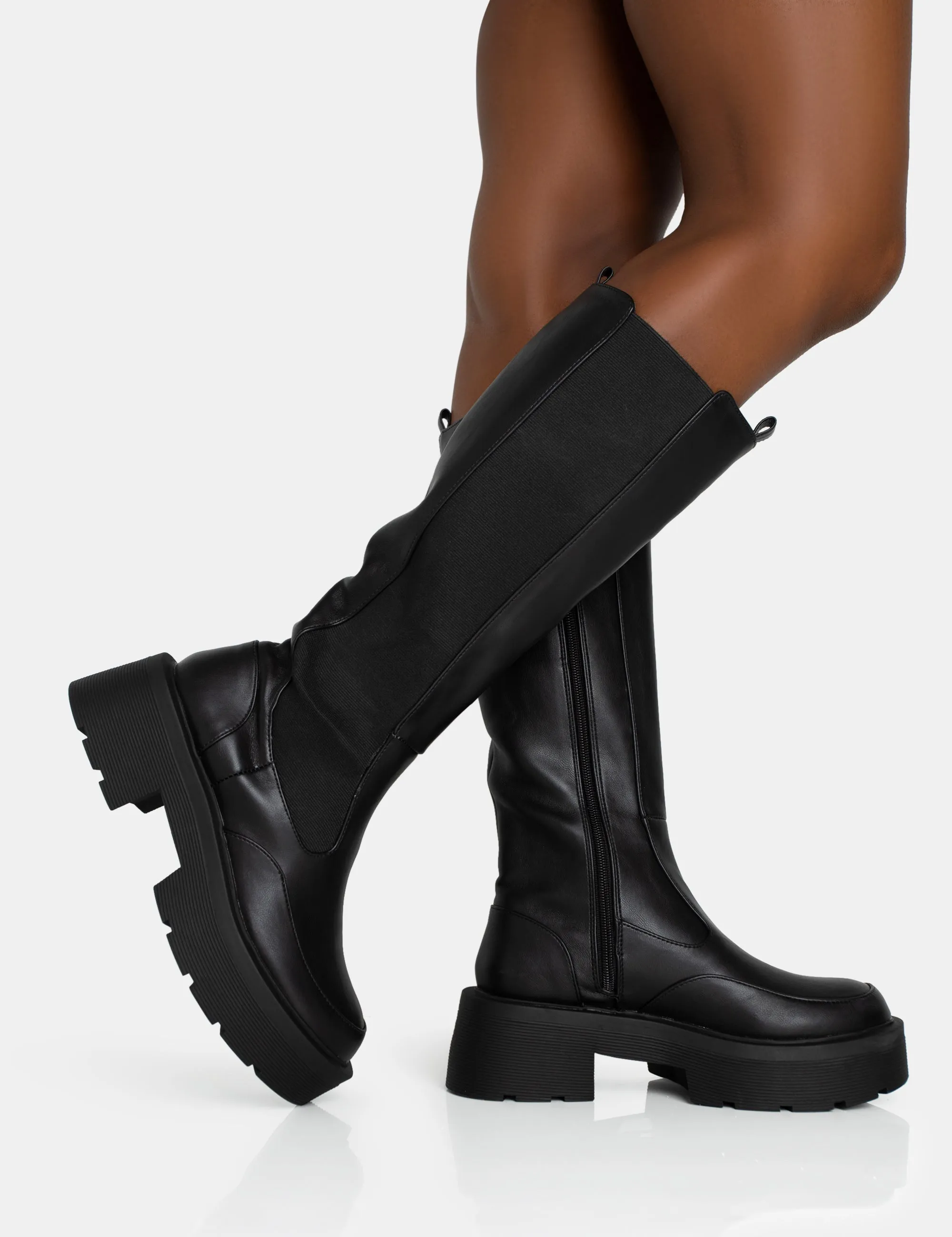 Evergreen Black Knee High Elasticated Detail Chunky Heeled Sole Boots