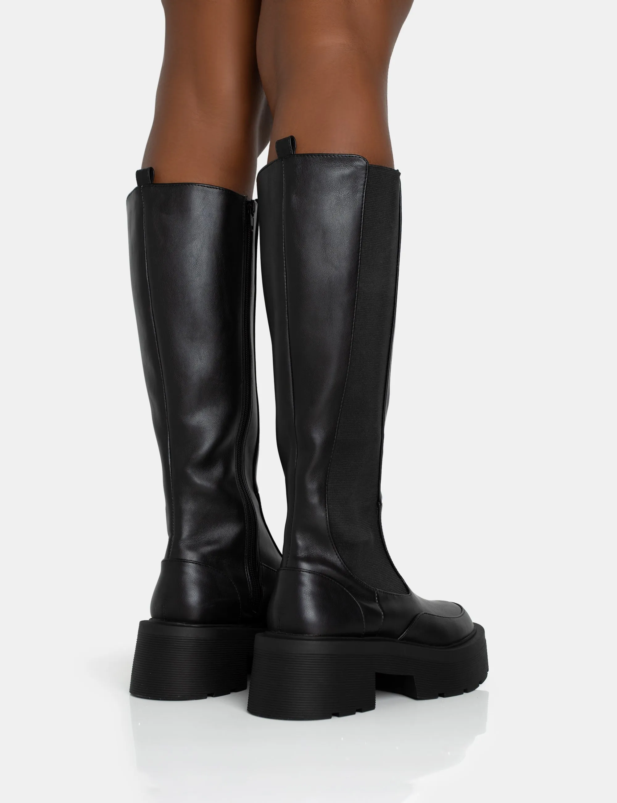 Evergreen Black Knee High Elasticated Detail Chunky Heeled Sole Boots