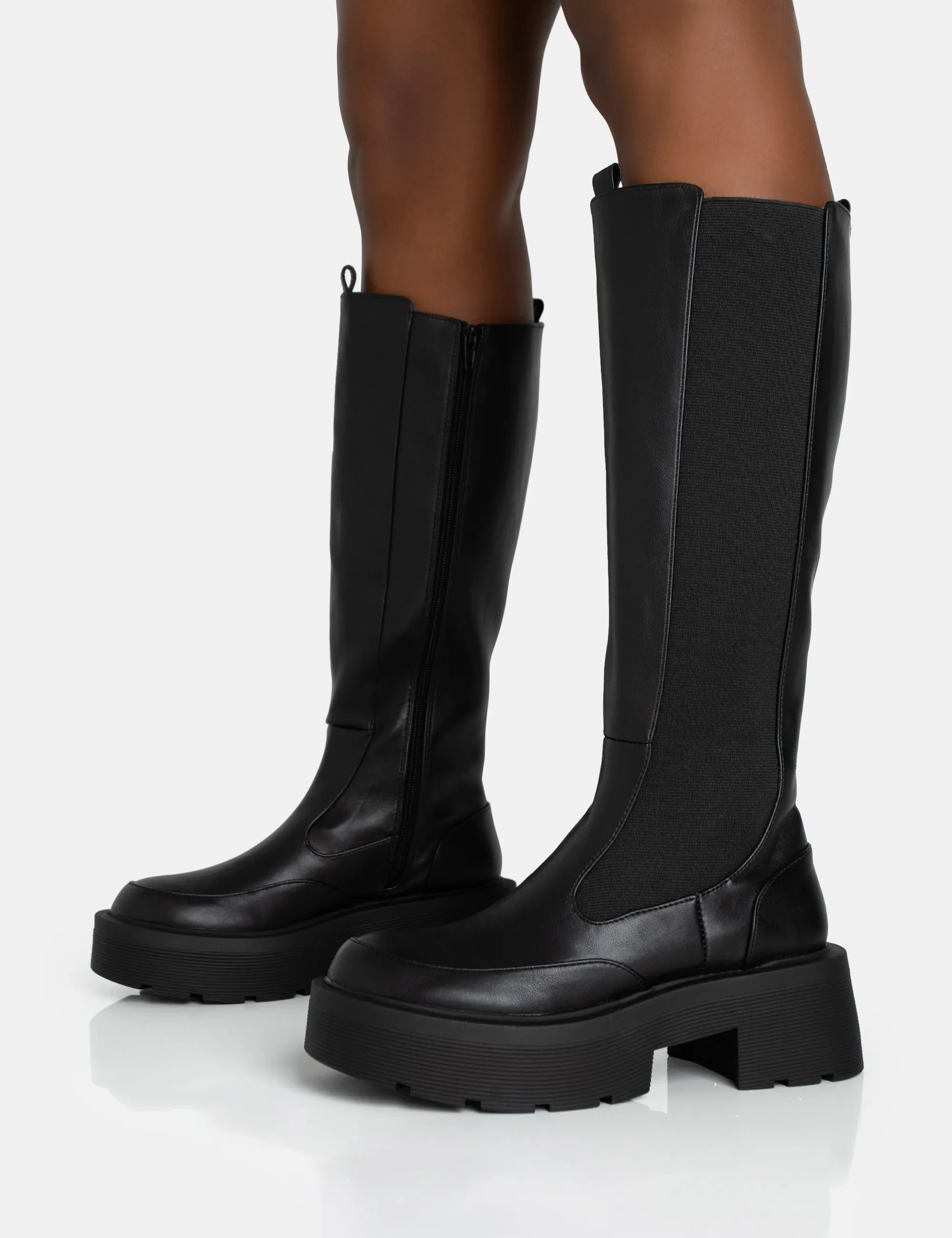 Evergreen Black Knee High Elasticated Detail Chunky Heeled Sole Boots