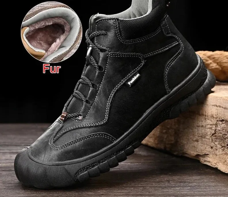 Fashion Genuine Leather Winter Warm Fur Men Boots Waterproof Lace Up Non-Slip Comfortable Hiking Boots Size 46