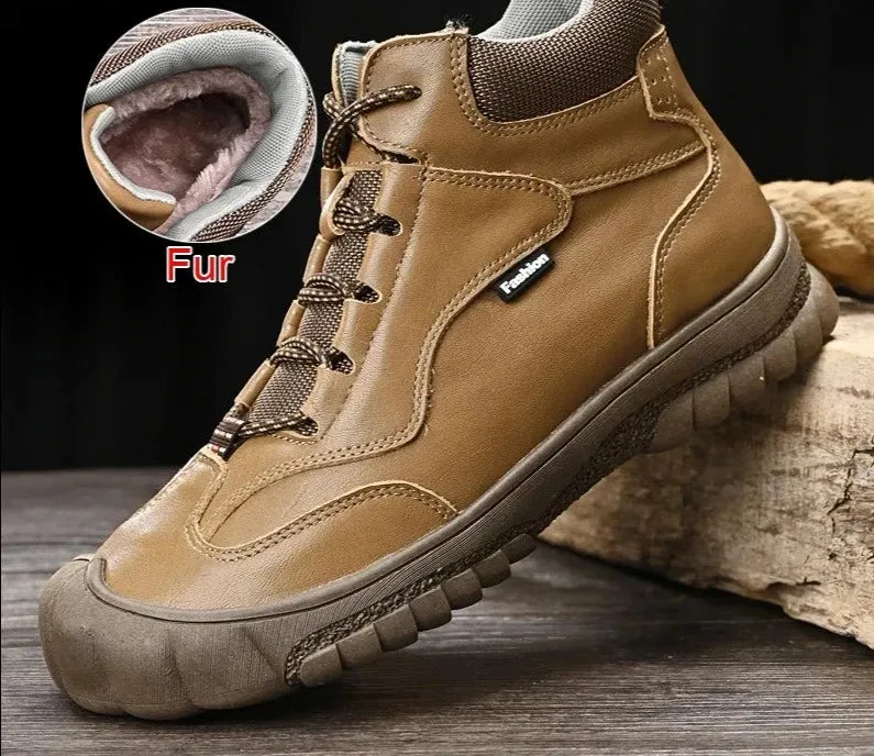 Fashion Genuine Leather Winter Warm Fur Men Boots Waterproof Lace Up Non-Slip Comfortable Hiking Boots Size 46