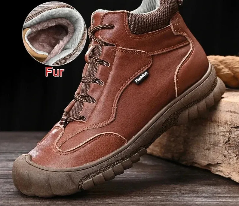 Fashion Genuine Leather Winter Warm Fur Men Boots Waterproof Lace Up Non-Slip Comfortable Hiking Boots Size 46