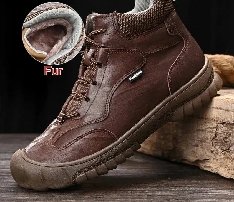 Fashion Genuine Leather Winter Warm Fur Men Boots Waterproof Lace Up Non-Slip Comfortable Hiking Boots Size 46