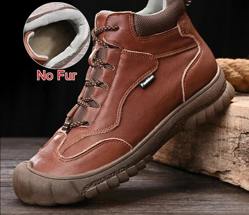 Fashion Genuine Leather Winter Warm Fur Men Boots Waterproof Lace Up Non-Slip Comfortable Hiking Boots Size 46