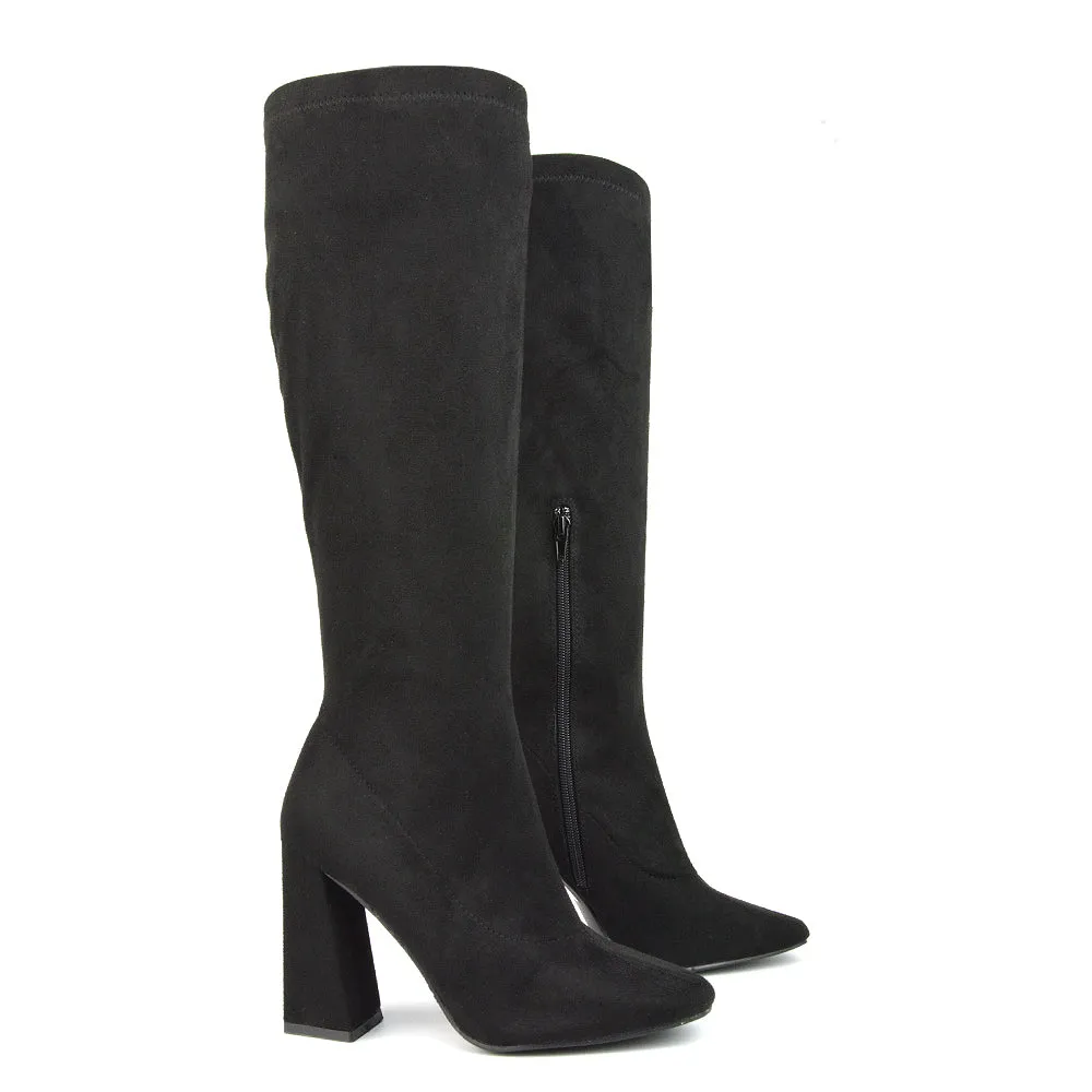 Gia Square Toe Block High Heel Knee High Boots in Black Faux Suede