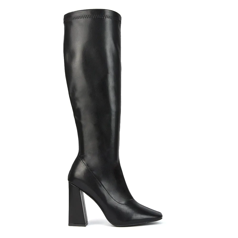 Gia Square Toe Block High Heel Knee High Boots in Black Faux Suede