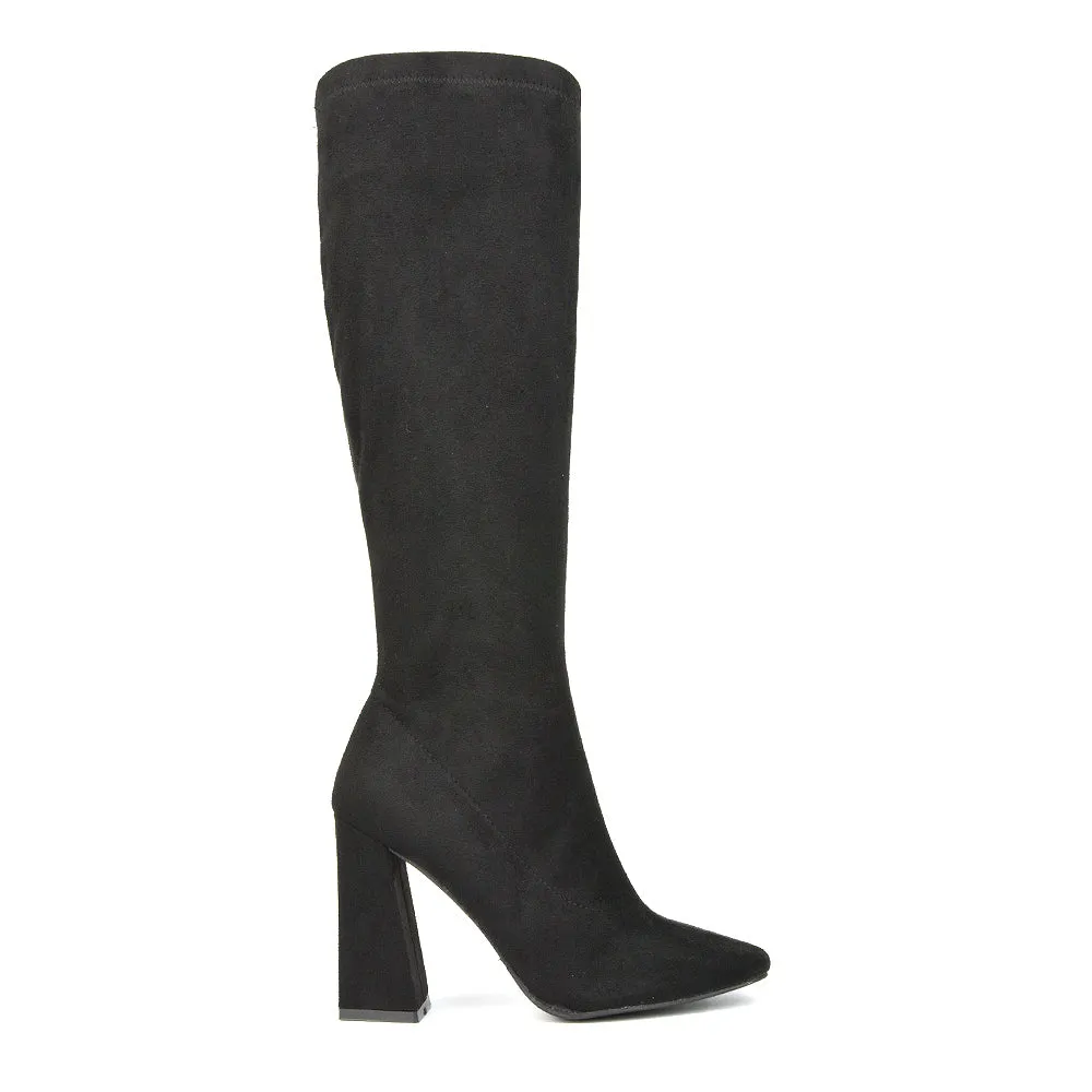 Gia Square Toe Block High Heel Knee High Boots in Black Faux Suede