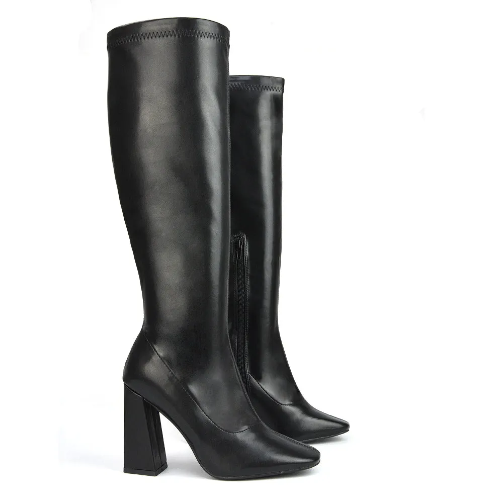 Gia Square Toe Block High Heel Knee High Boots in Black Faux Suede