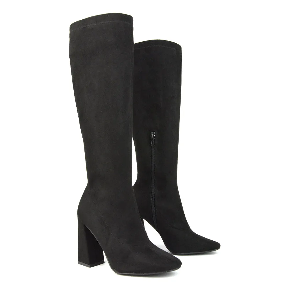 Gia Square Toe Block High Heel Knee High Boots in Black Faux Suede