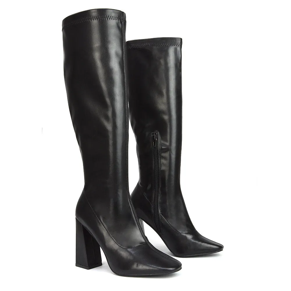 Gia Square Toe Block High Heel Knee High Boots in Black Faux Suede