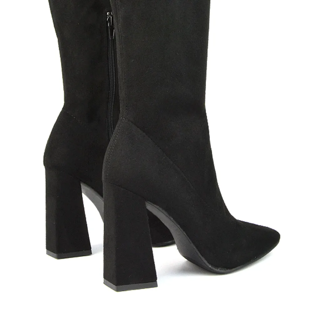 Gia Square Toe Block High Heel Knee High Boots in Black Faux Suede