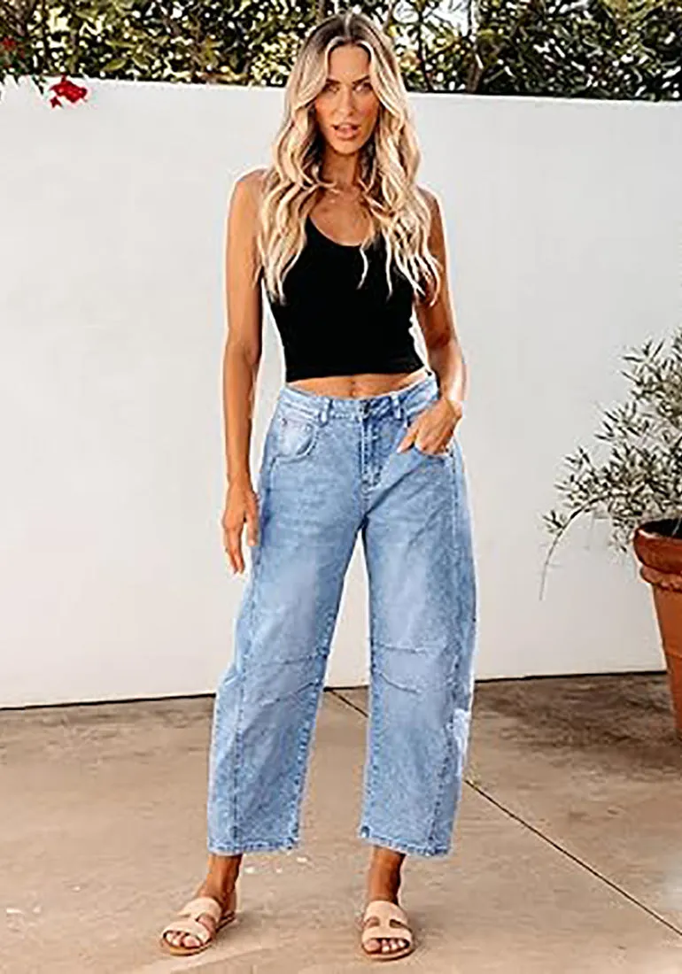 GRAPENT Women's High Waisted Pull-On Stretch Cropped Denim Straight Leg Jeans