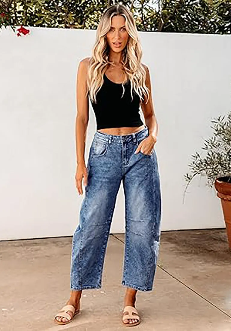 GRAPENT Women's High Waisted Pull-On Stretch Cropped Denim Straight Leg Jeans