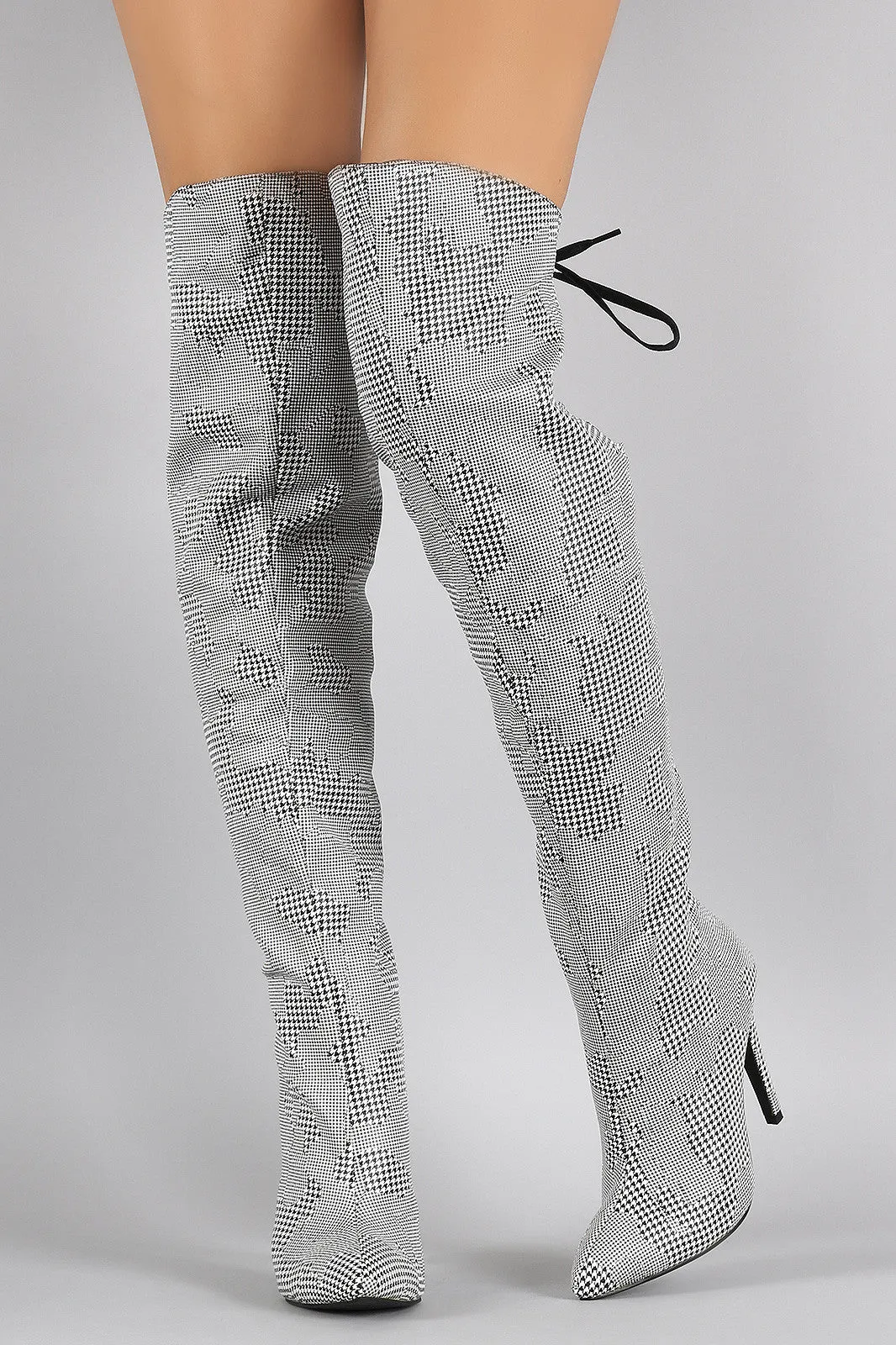 Houndstooth Back Lace Up Pointy Toe Stiletto Over-The-Knee Boots