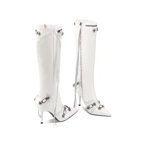 Israa White Leather Boots Knee High