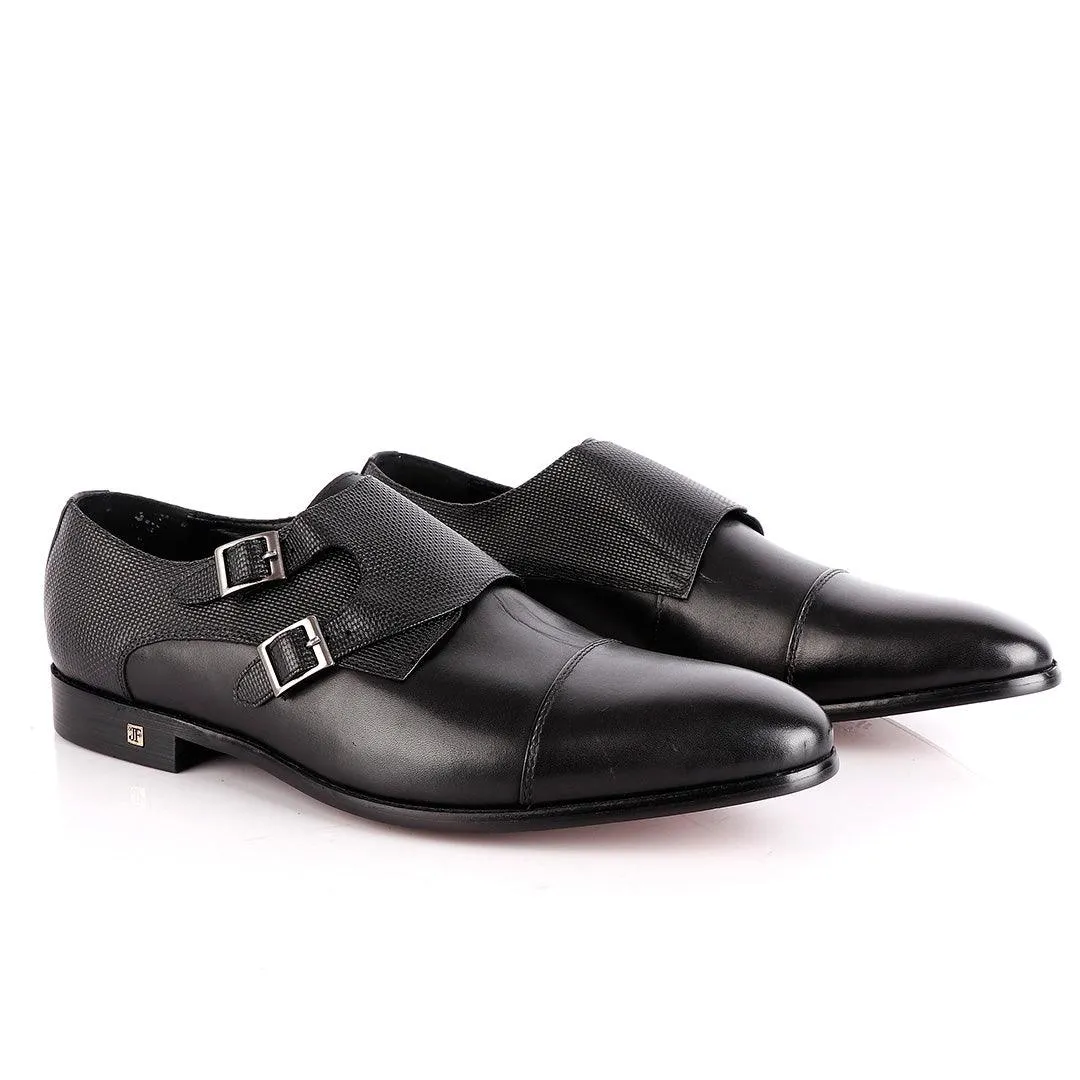 John Foster Double Croc Monk-Strap Black Leather Shoe