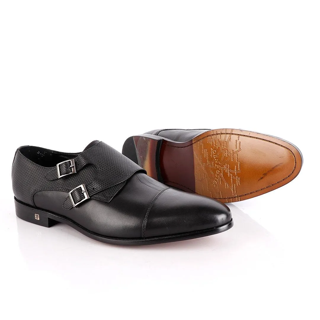 John Foster Double Croc Monk-Strap Black Leather Shoe