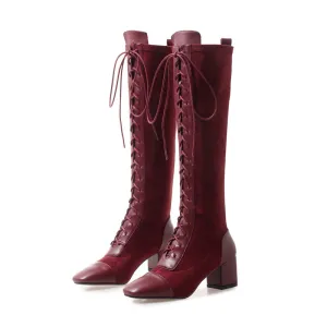 June Lace up Burgundy High Knee Boots