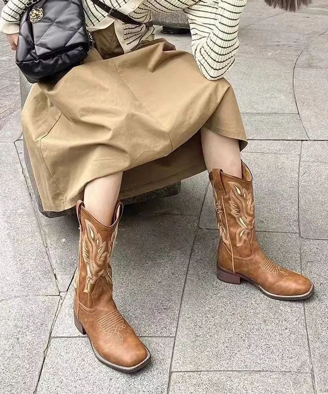 Leather Boots Unique Splicing Brown