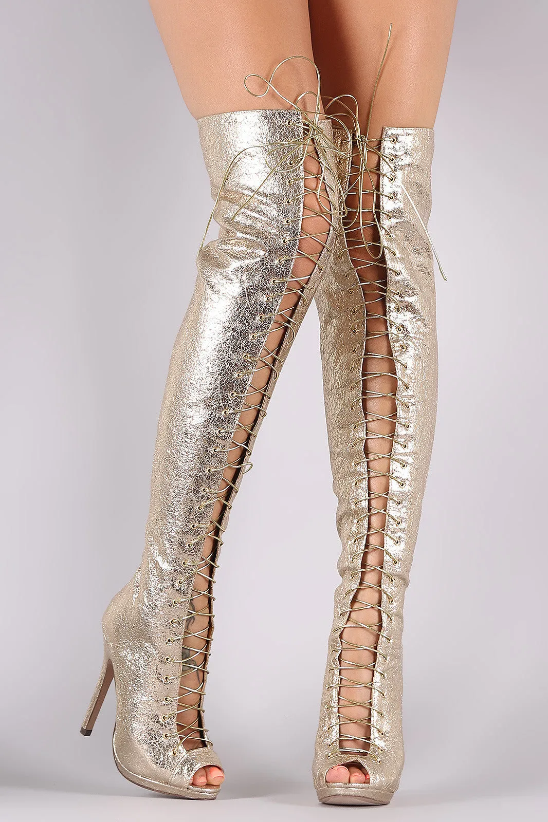 Liliana Cracked Metallic Lace Up Stiletto Heeled Over-The-Knee Boots