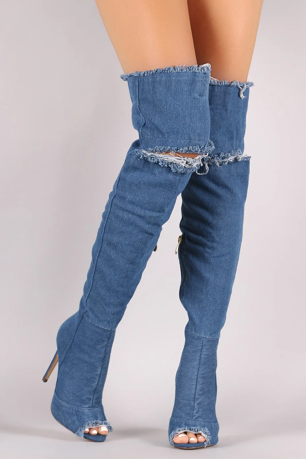 Liliana Destroyed Denim Stiletto Over-The-Knee Boots