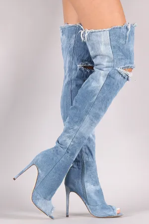 Liliana Destroyed Denim Stiletto Over-The-Knee Boots