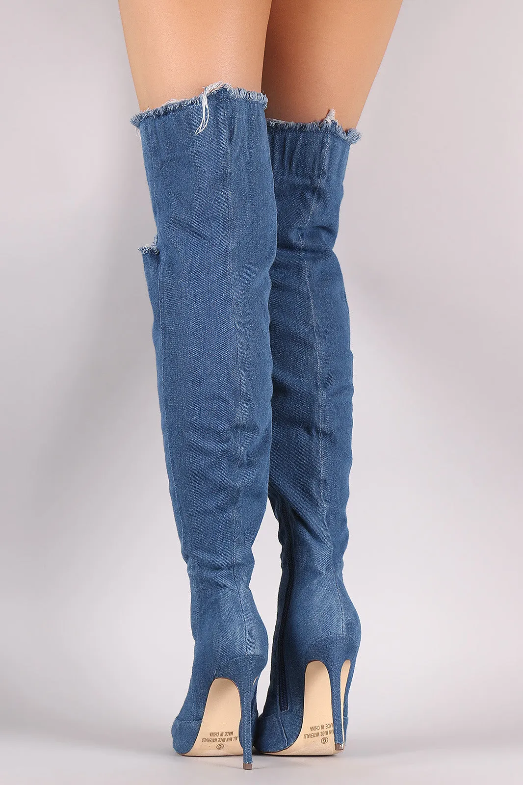 Liliana Destroyed Denim Stiletto Over-The-Knee Boots