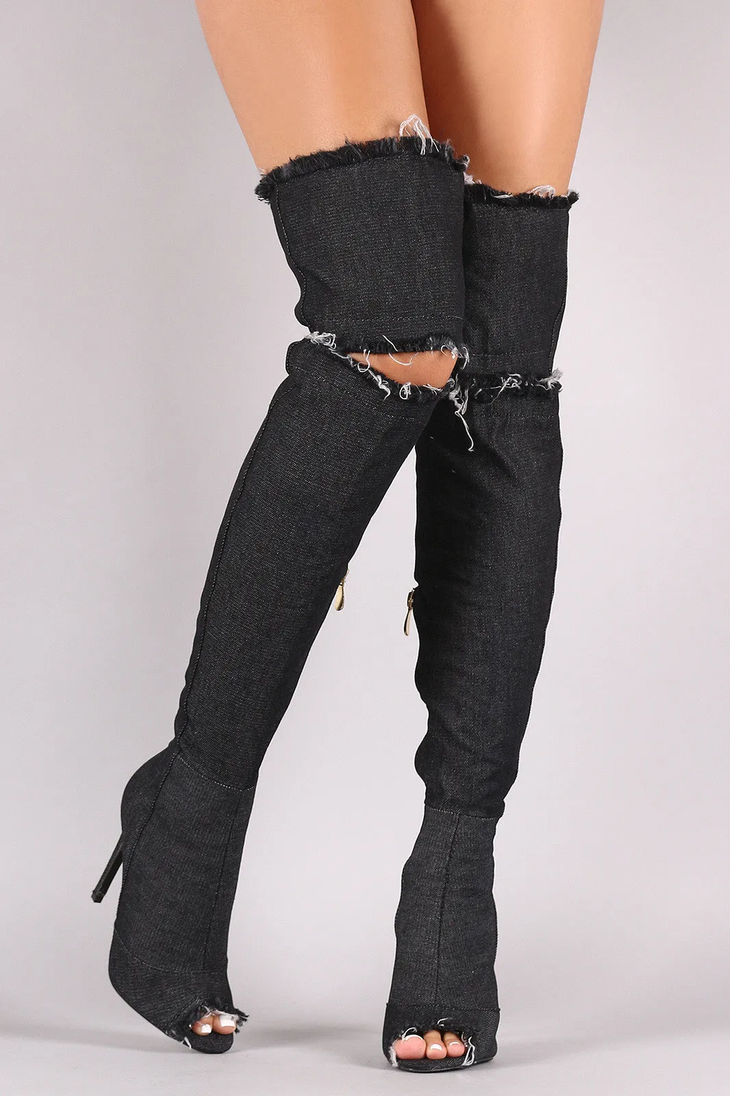 Liliana Destroyed Denim Stiletto Over-The-Knee Boots