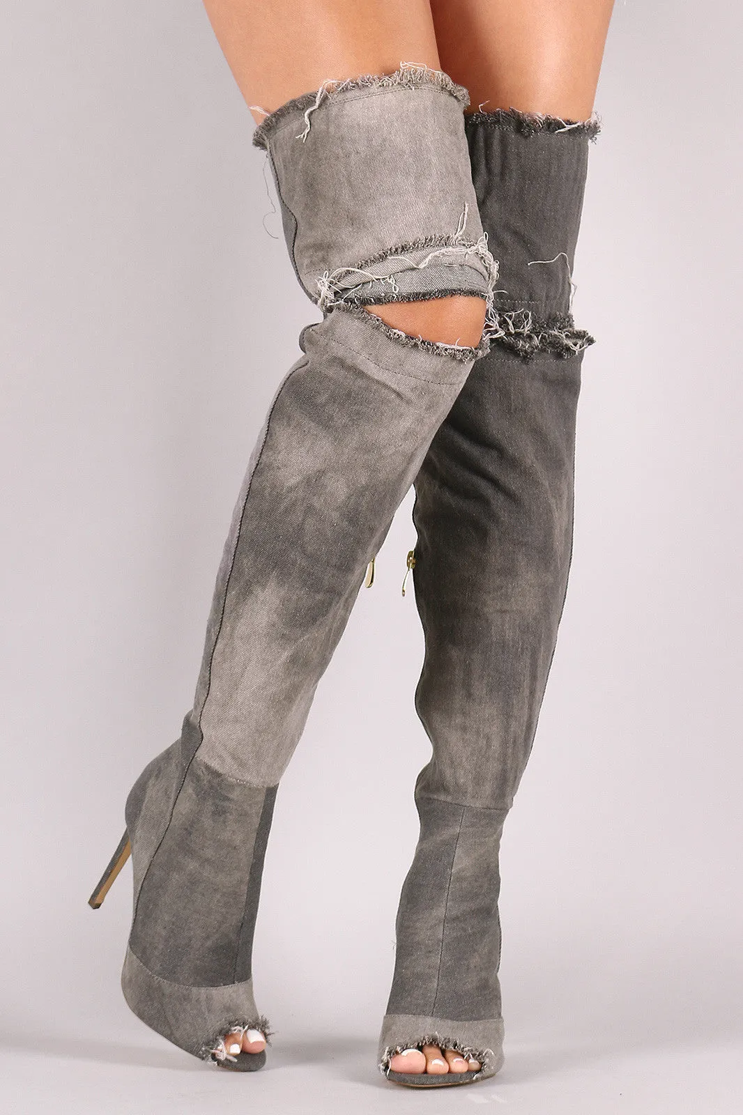 Liliana Destroyed Denim Stiletto Over-The-Knee Boots