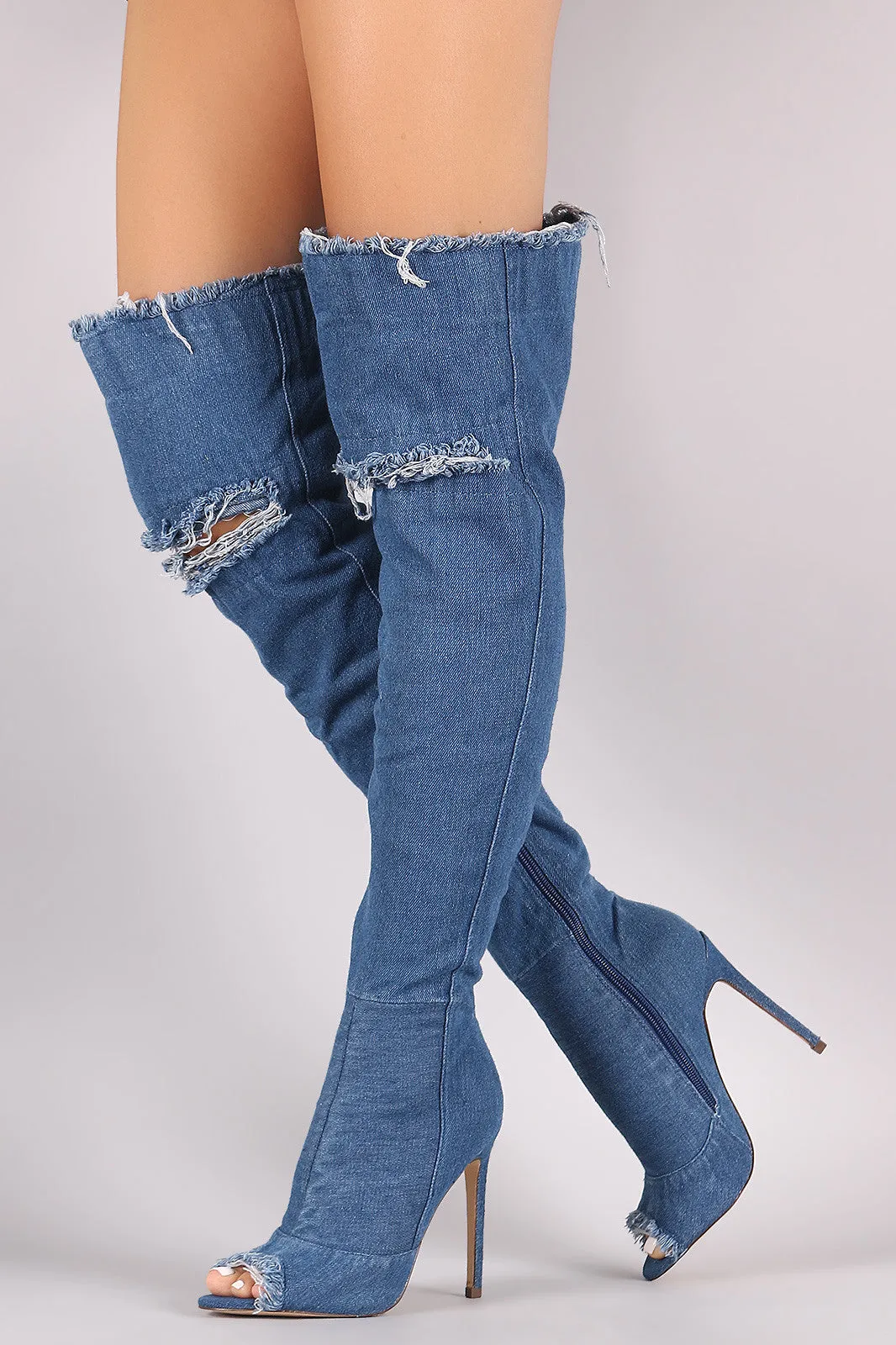 Liliana Destroyed Denim Stiletto Over-The-Knee Boots