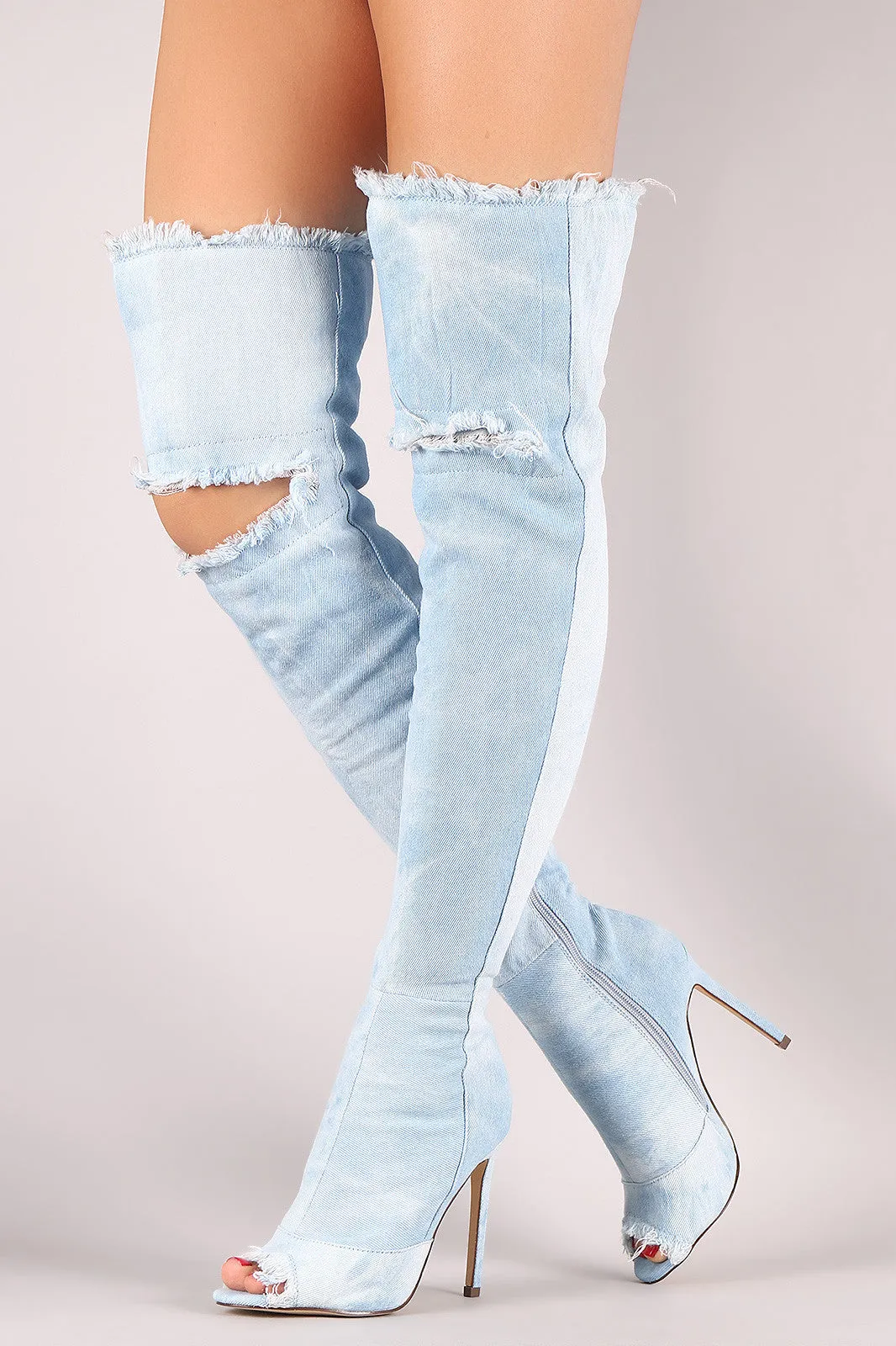 Liliana Destroyed Denim Stiletto Over-The-Knee Boots