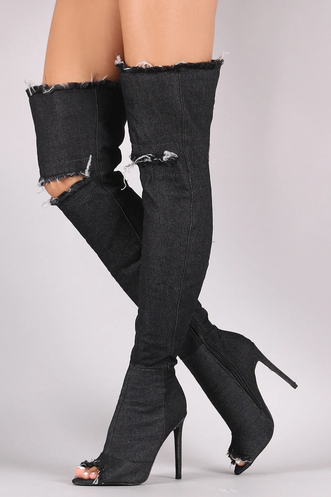 Liliana Destroyed Denim Stiletto Over-The-Knee Boots