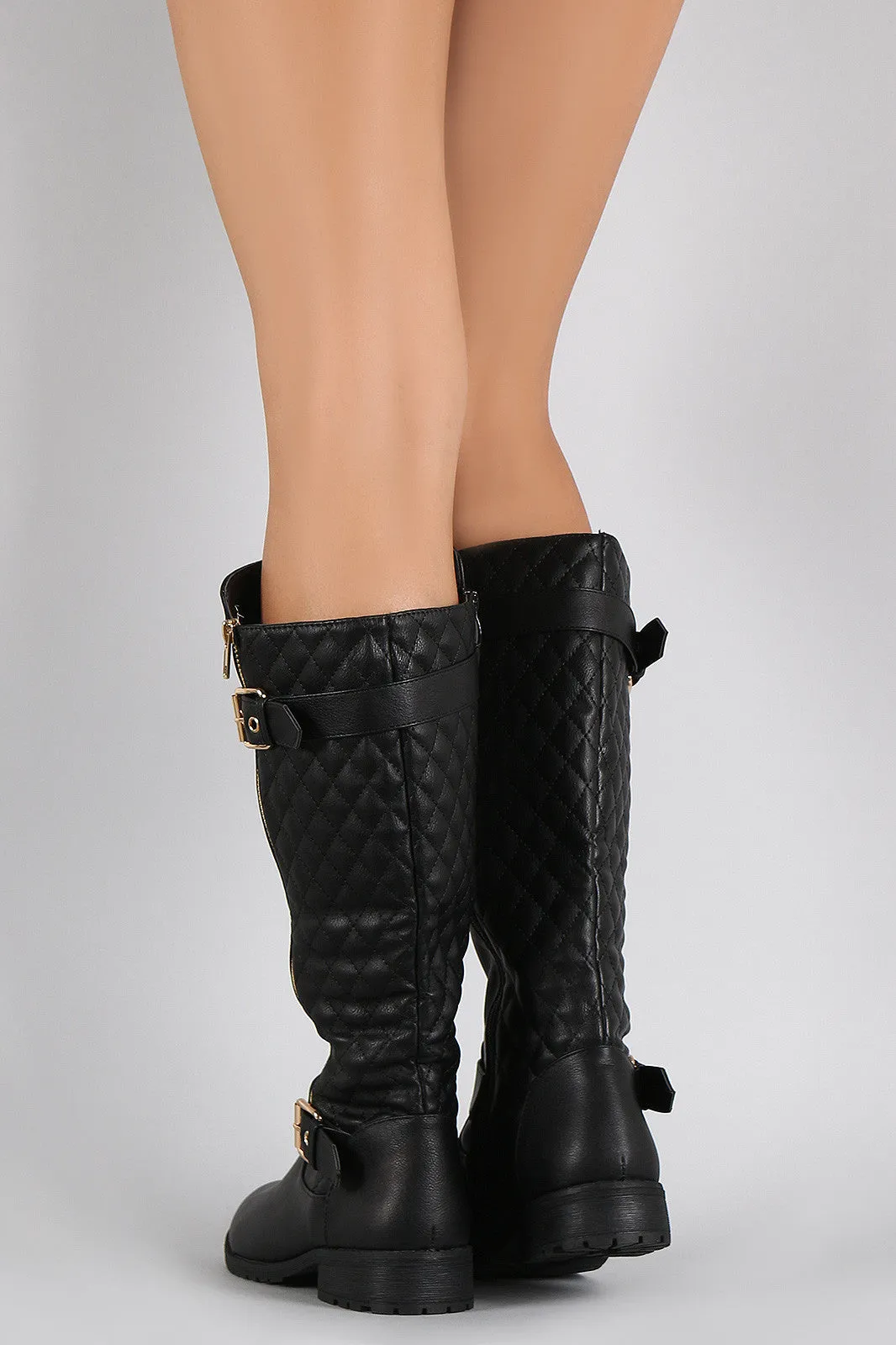 Lug Sole Quilted Buckled Riding Boots