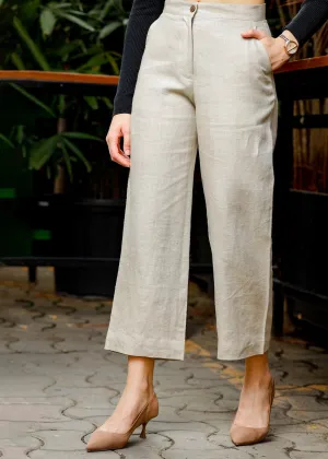 Luna - Ankle Length Pure Linen Trousers - Ecru