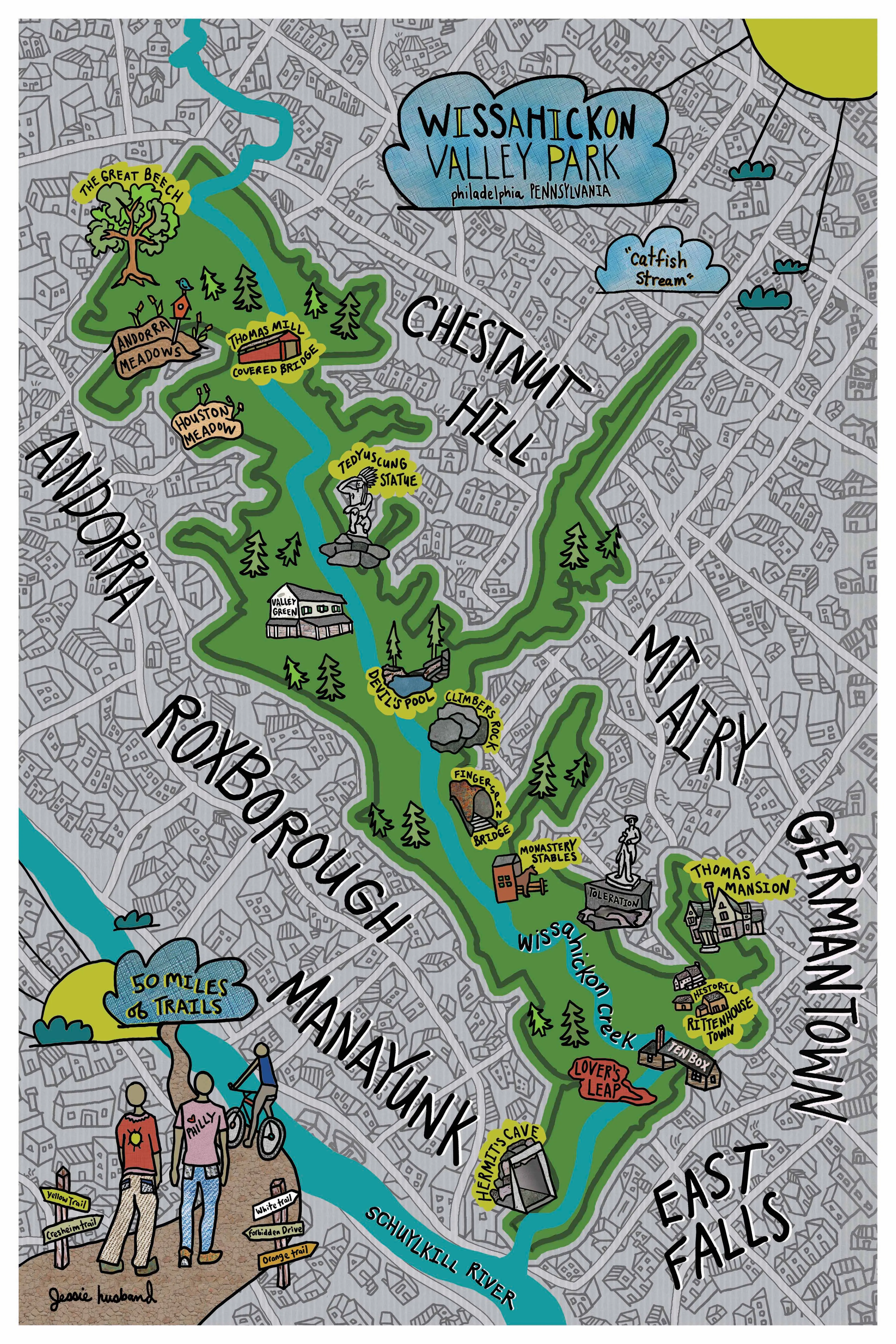 Map of Wissahickon Valley Park, Philadelphia Fairmount Park (customization and framing options available)