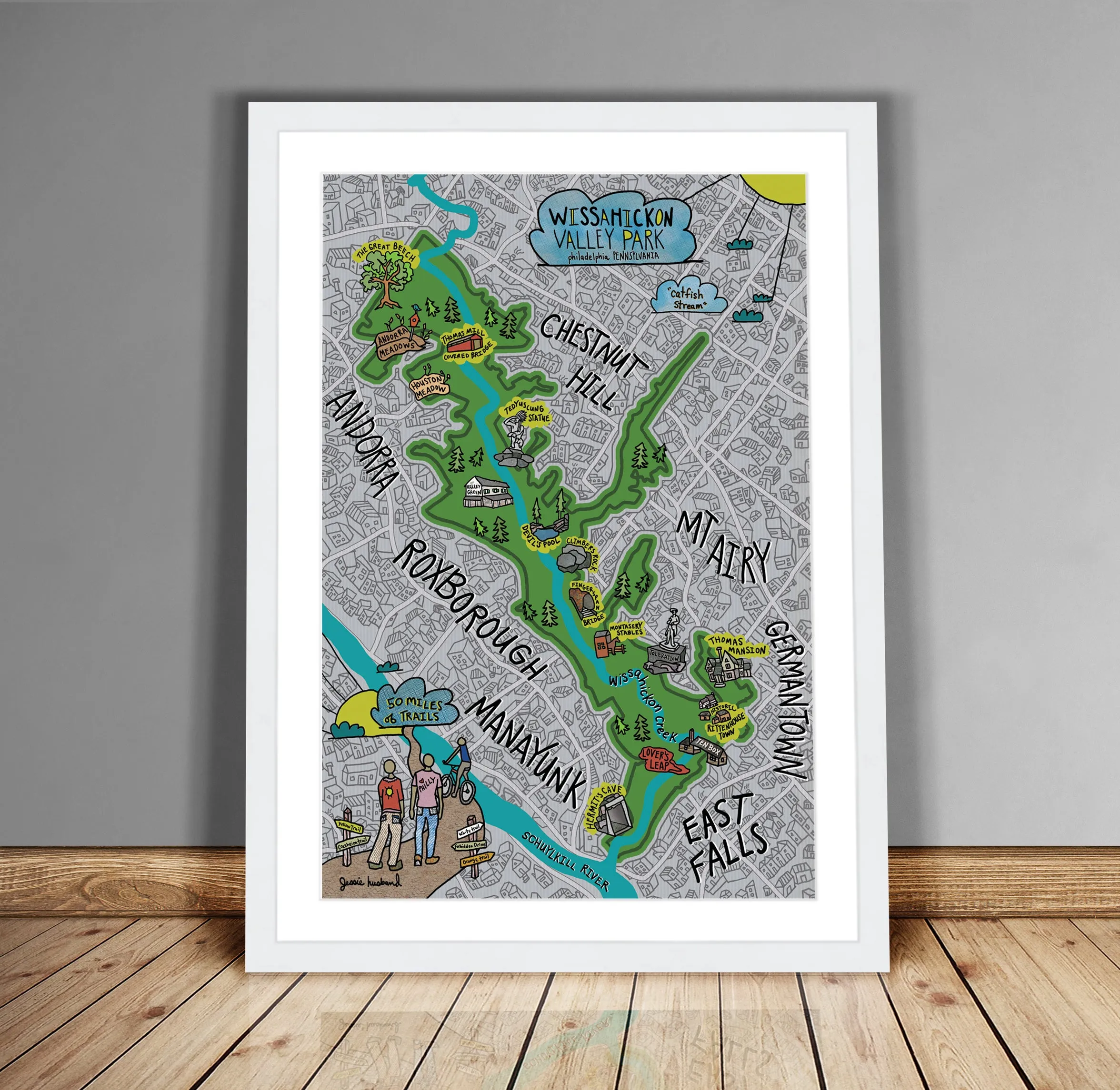 Map of Wissahickon Valley Park, Philadelphia Fairmount Park (customization and framing options available)