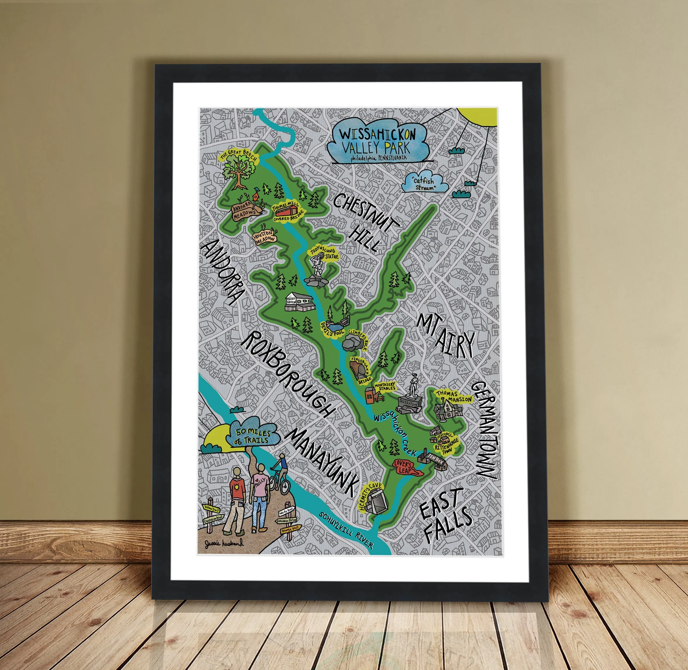 Map of Wissahickon Valley Park, Philadelphia Fairmount Park (customization and framing options available)