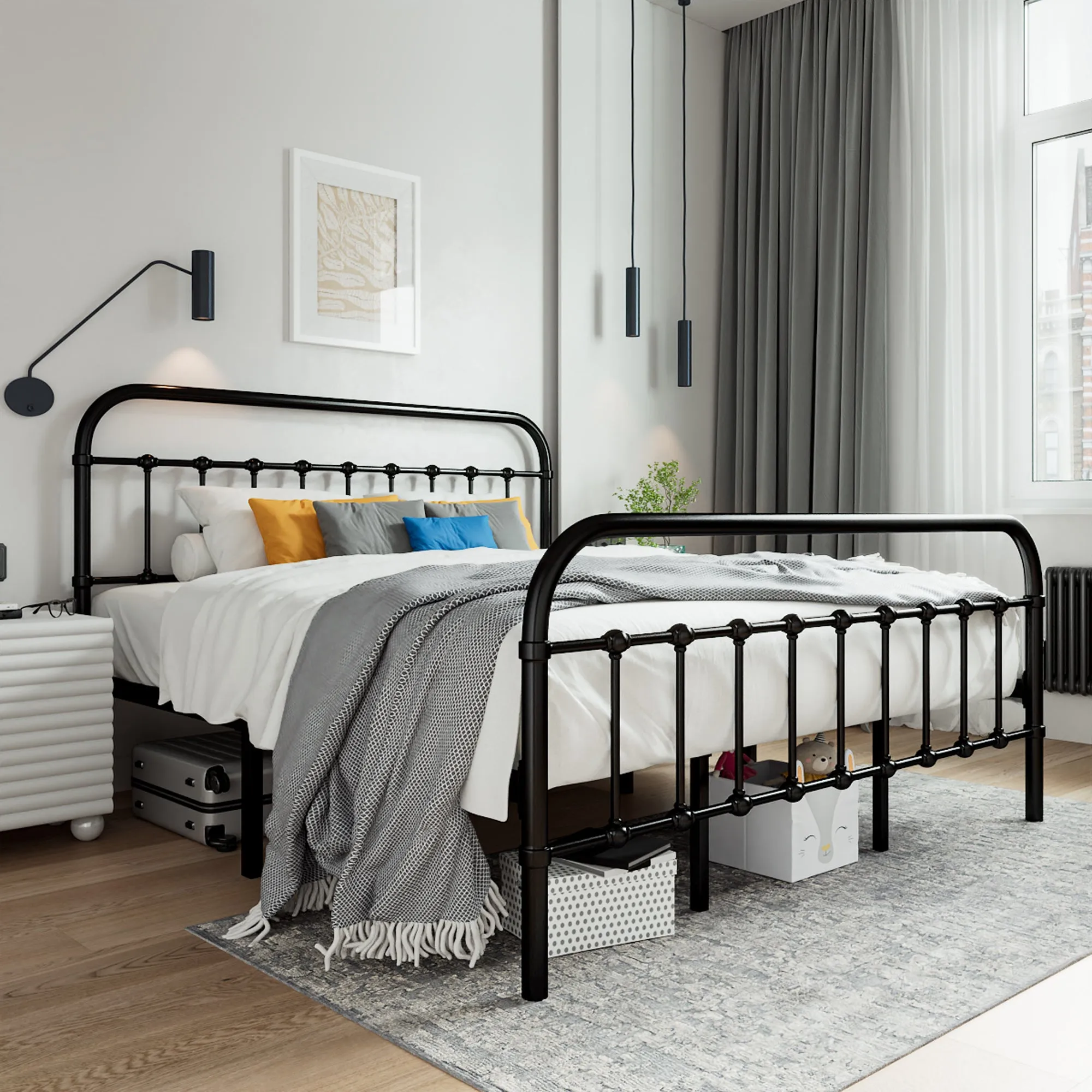 Metal Platform Bed Frame with Headboard and Footboard, Vintage Style Mattress Foundation