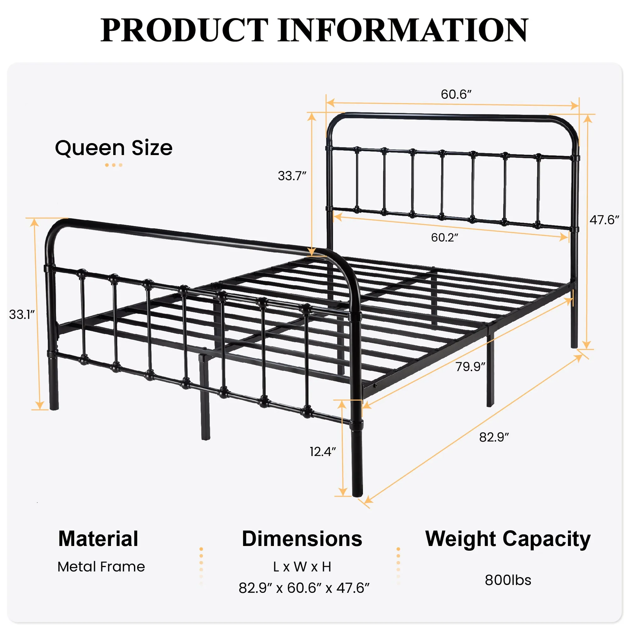 Metal Platform Bed Frame with Headboard and Footboard, Vintage Style Mattress Foundation