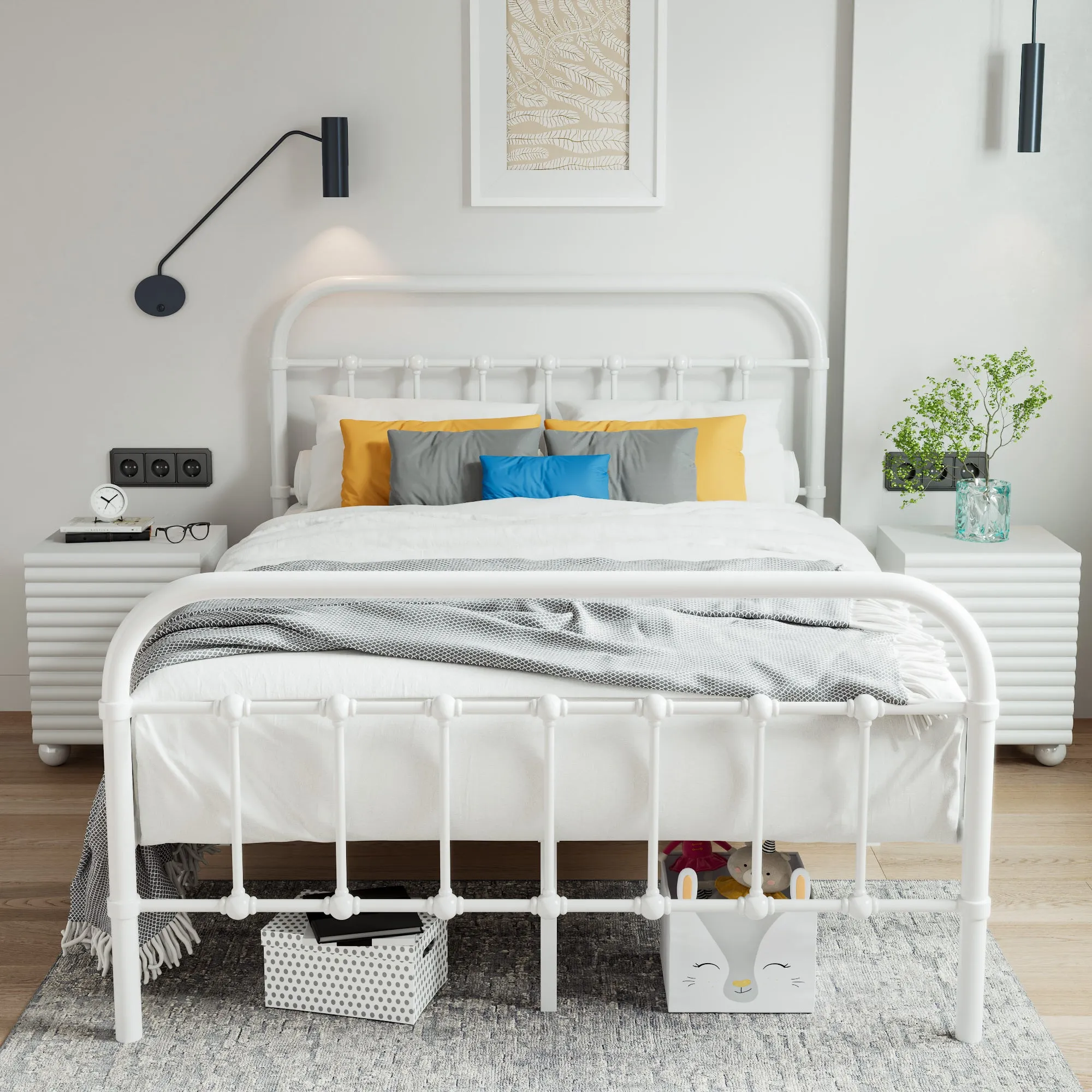 Metal Platform Bed Frame with Headboard and Footboard, Vintage Style Mattress Foundation