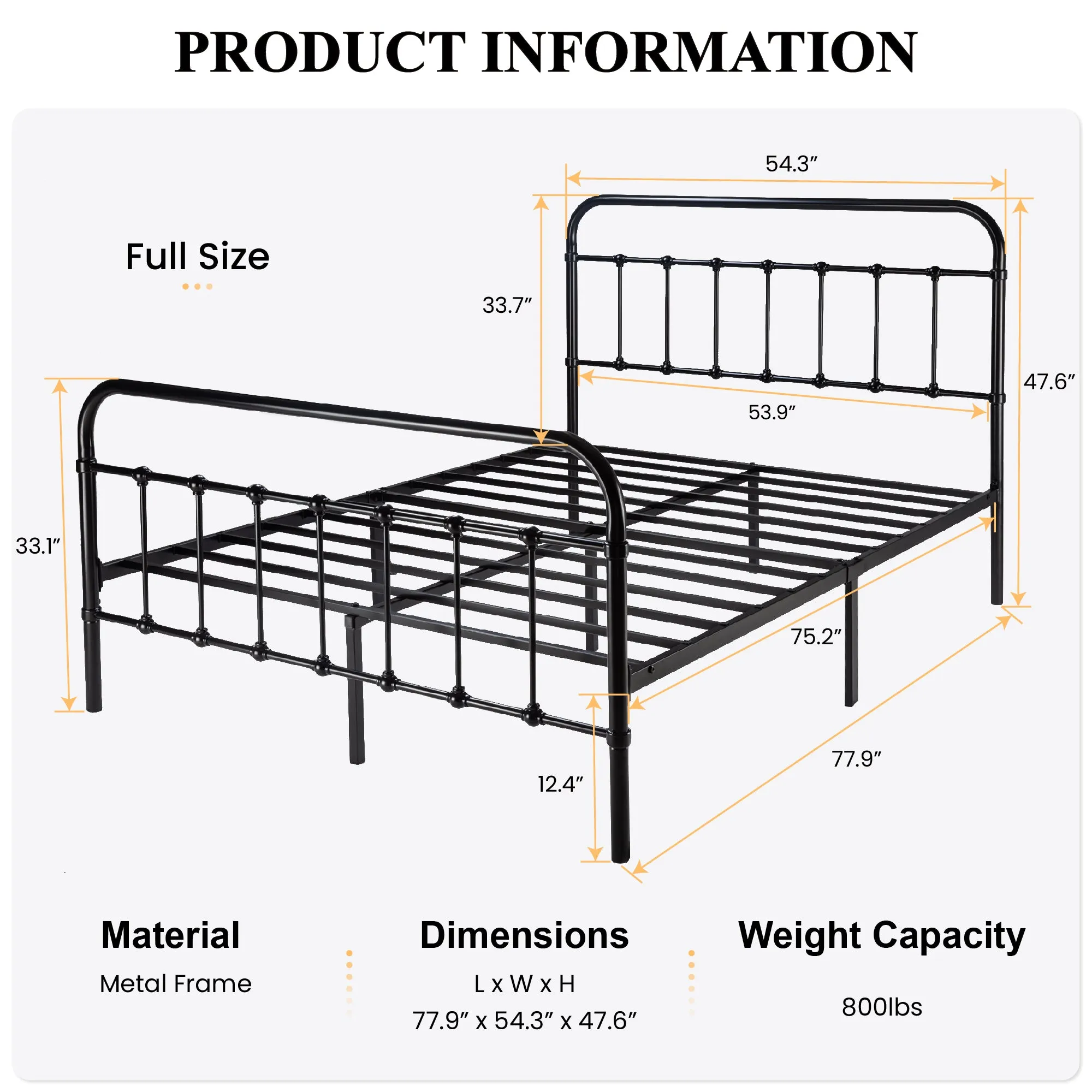 Metal Platform Bed Frame with Headboard and Footboard, Vintage Style Mattress Foundation