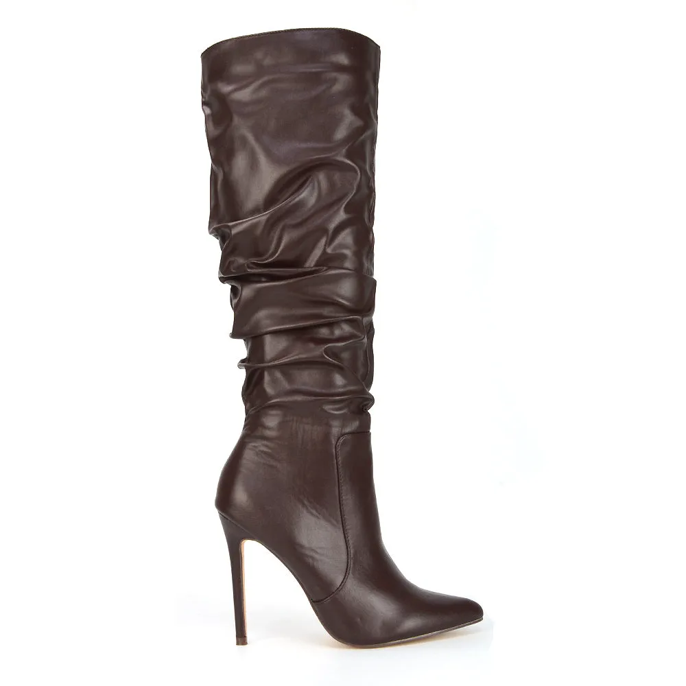 Milani Statement Ruched Pointed Toe Stiletto High Heel Knee High Boots in Silver Metallic