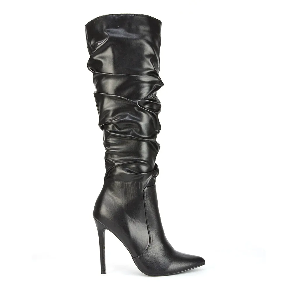 Milani Statement Ruched Pointed Toe Stiletto High Heel Knee High Boots in Silver Metallic