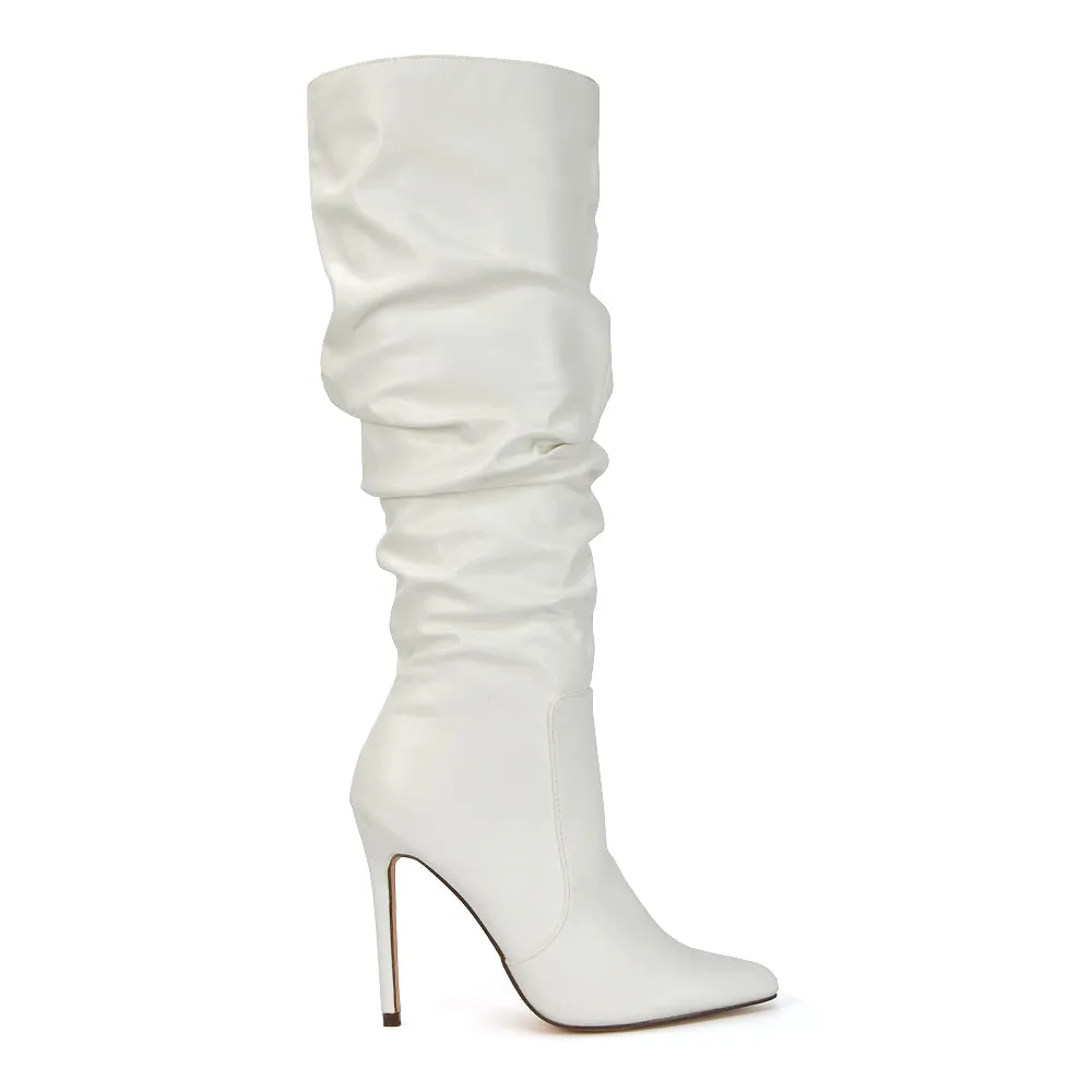 Milani Statement Ruched Pointed Toe Stiletto High Heel Knee High Boots in Silver Metallic