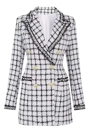 Mix Black Grid Peak Lapel Women Coat with pearl