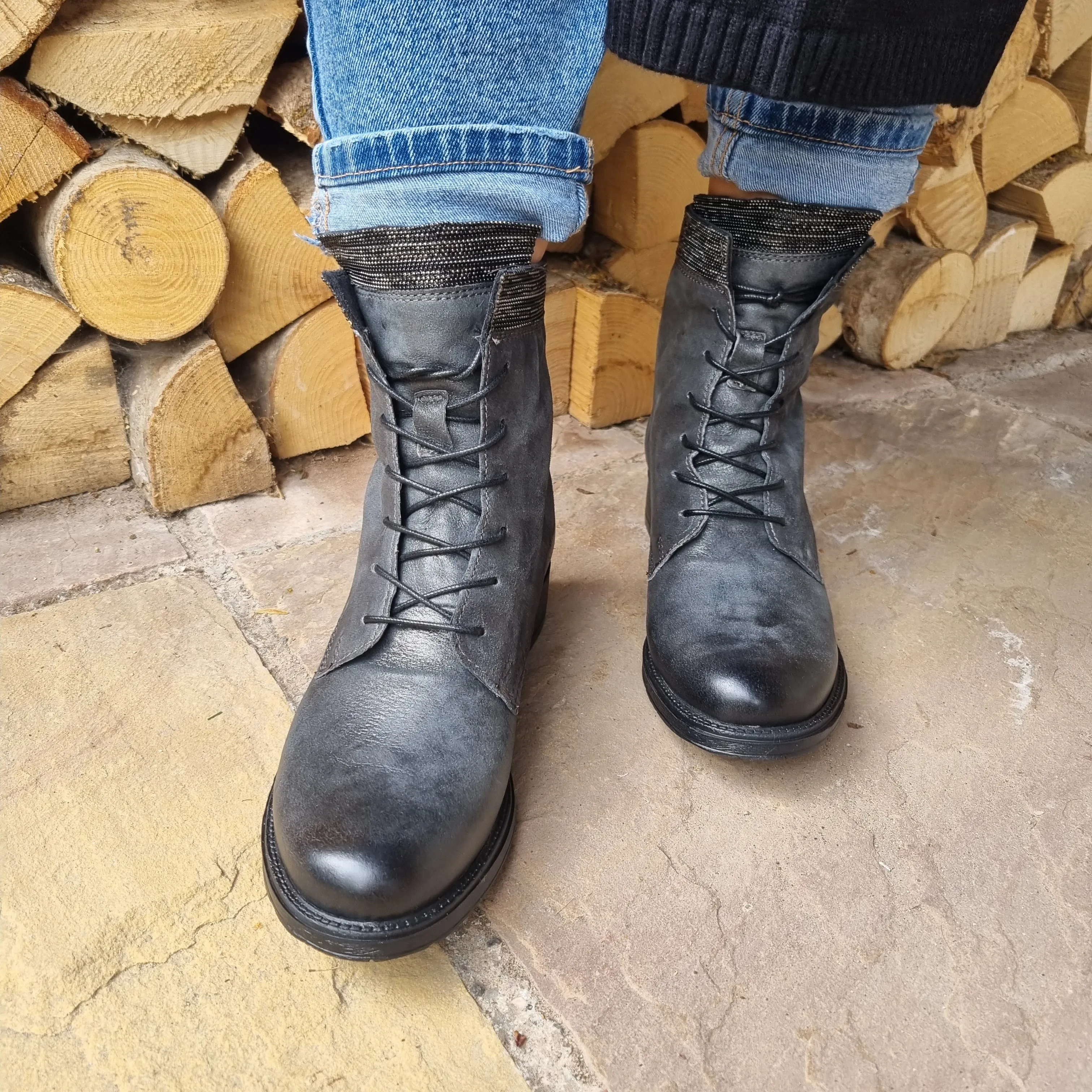 Muse Grey Italian Leather Boot with Subtle Stud