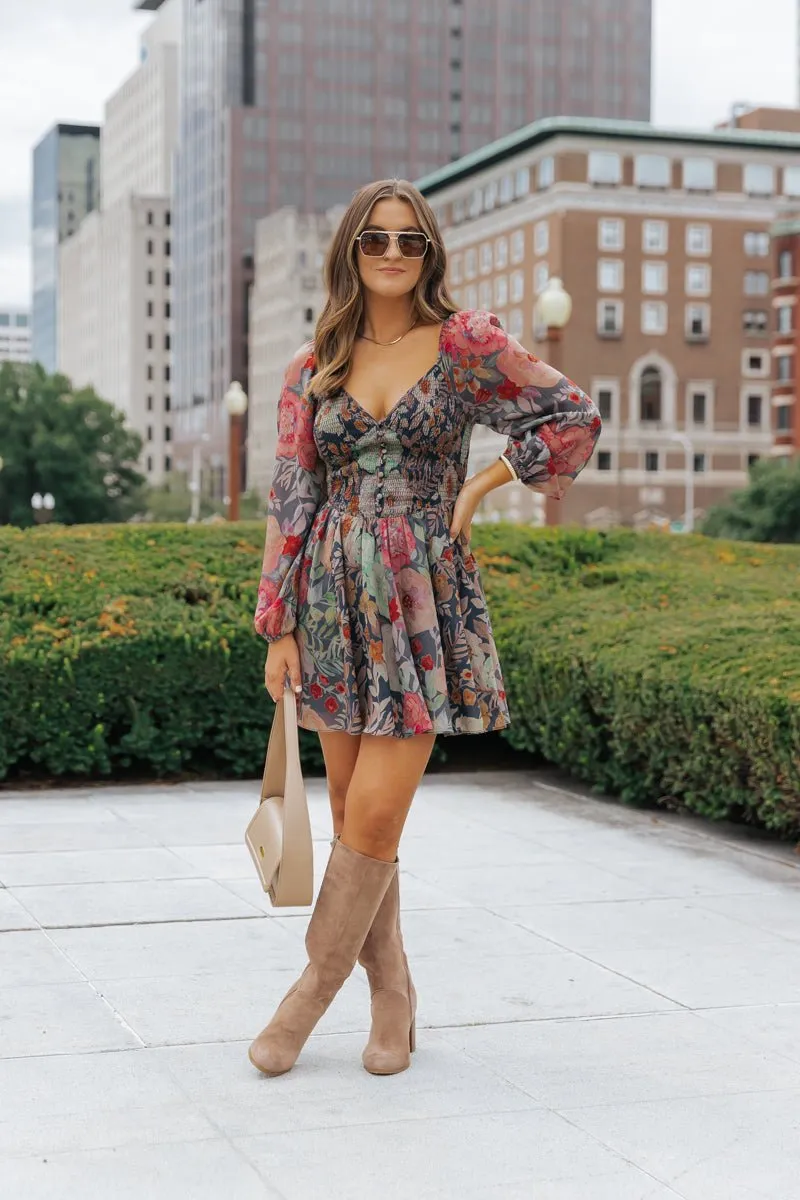 Navy Floral Print Mini Dress