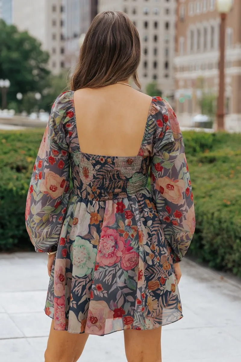 Navy Floral Print Mini Dress