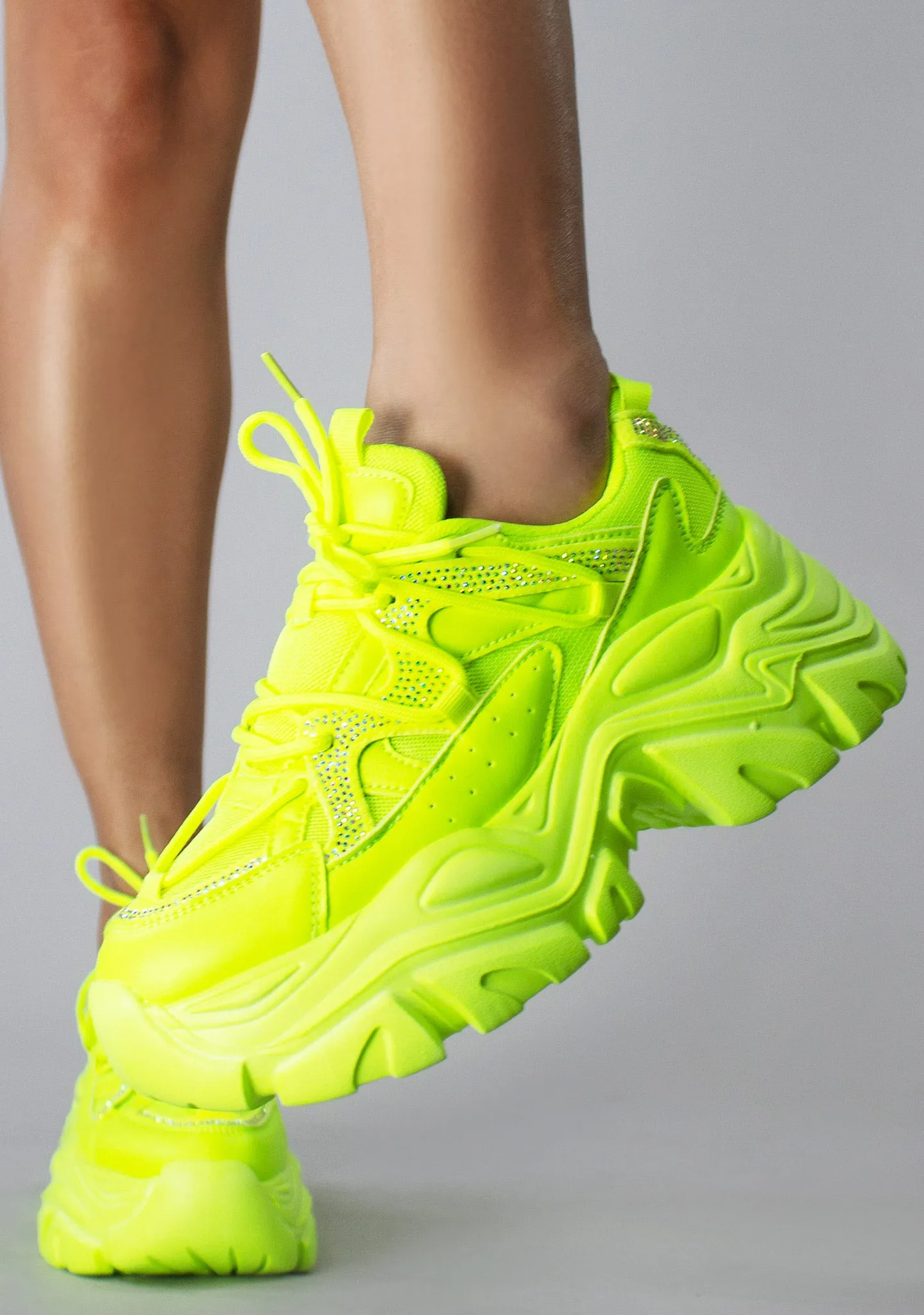 NIKKI Aeon Flow Rhinestone Neon Yellow Platform Sneakers