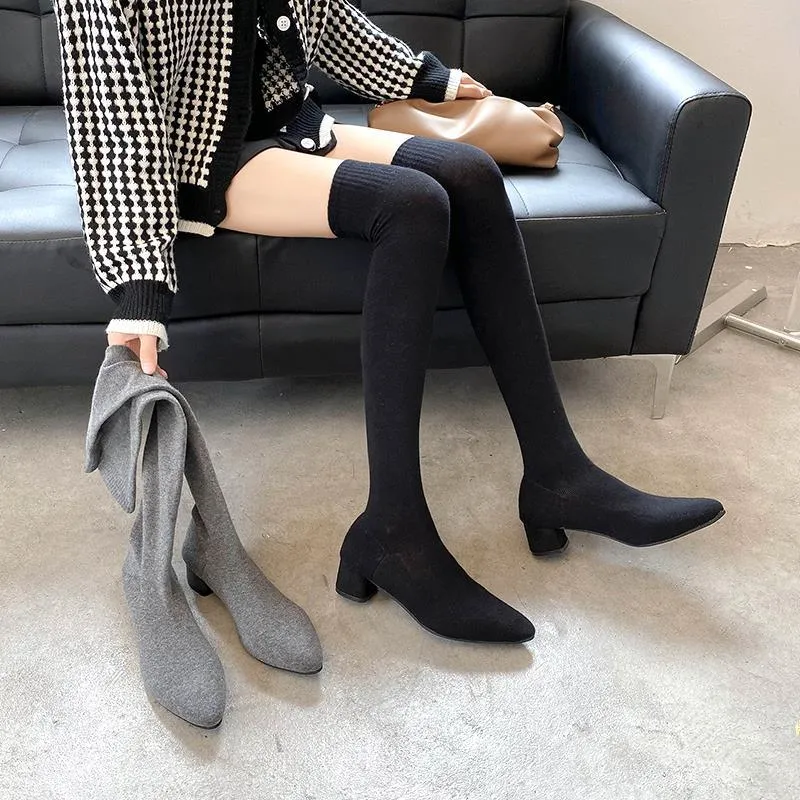 Over-the-Knee Boots Women  New Elastic Socks Boots Chunky Heel High Heel Long Stockings Skinny Boots Spring and Summer Thin